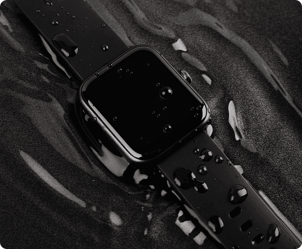 Close-up of the Hyfe CoughMonitor wearable with water droplets demonstrating durability