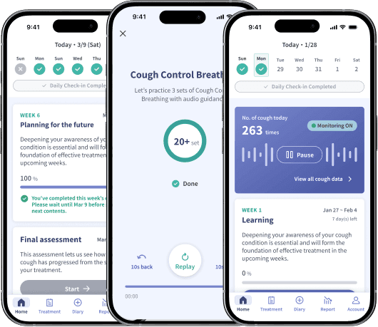 ResolveDTx mobile app showing cough tracking, breathing exercises and progress screens