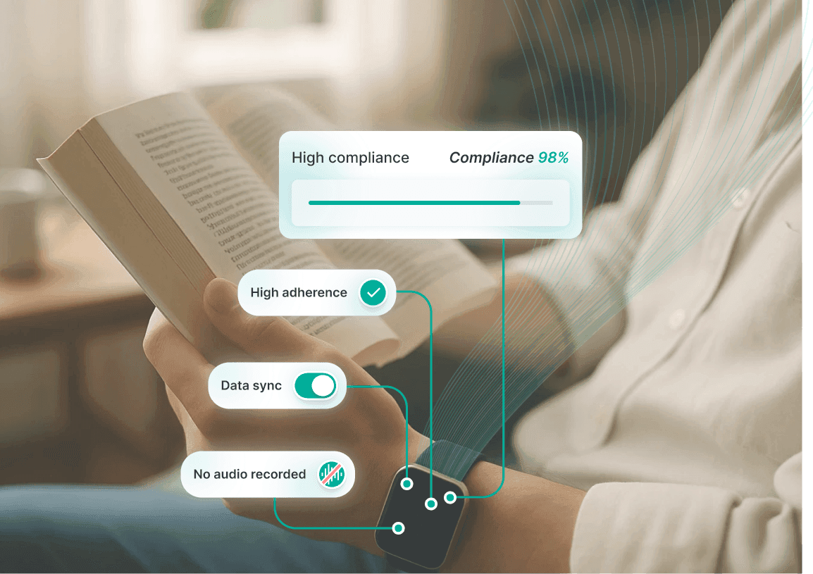Hyfe CoughMonitor worn on wrist demonstrating high compliance, adherence, and privacy-safe data sync