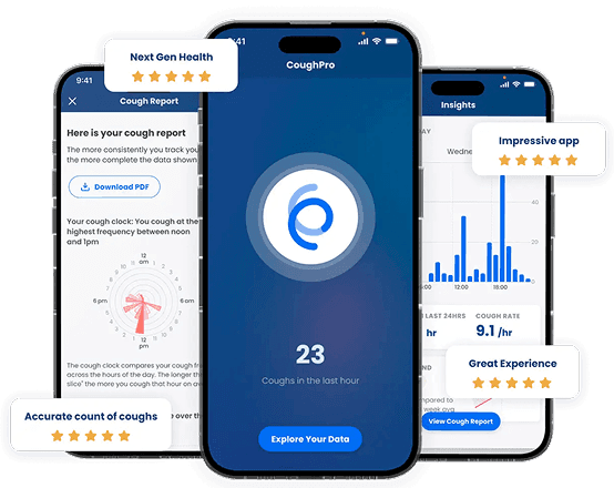 CoughPro mobile app showing cough insights, reports and user ratings